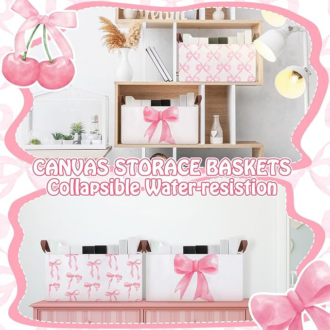 Boao 3 Pcs Coquette Pink Bow Storage Bin Collapsible Large Storage Baskets for Gifts Empty Candy Holiday Decor Canvas Laundry Basket Foldable Box with Handle for Office Home Bedroom Clothes