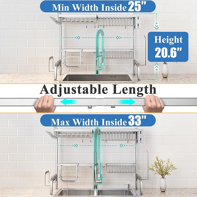 SAYZH Over The Sink Dish Drying Rack, Adjustable (25.5 to 33.5 inch) 2 Tier Metal Steel Dish Drying Racks for Kitchen Counter with Hooks Paper Towel Utensil Cup Holder Sink Caddy (Silver)