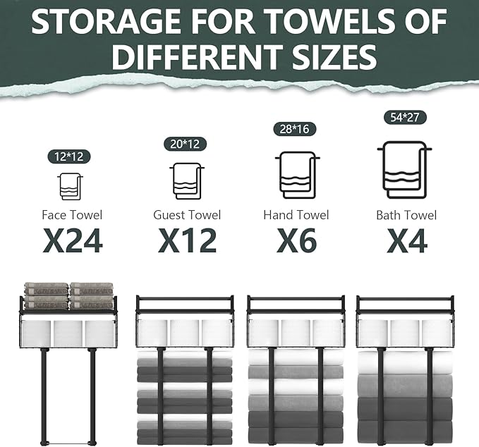 Towel Racks for Bathroom, Metal Towel Holder with Storage Basket,Wall Towel Rack for Rolled Towels, Towel Storage for Small Bathroom,Black