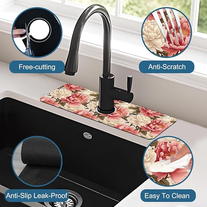 Beautiful Peony Sink Splash Guard Bright Peonies Faucet Absorbing Mat Fast Drying Mat Sink Gadgets Splash Guard Behind Faucet Drip Catcher for Kitchen Bathroom, 15.5"x5.5"