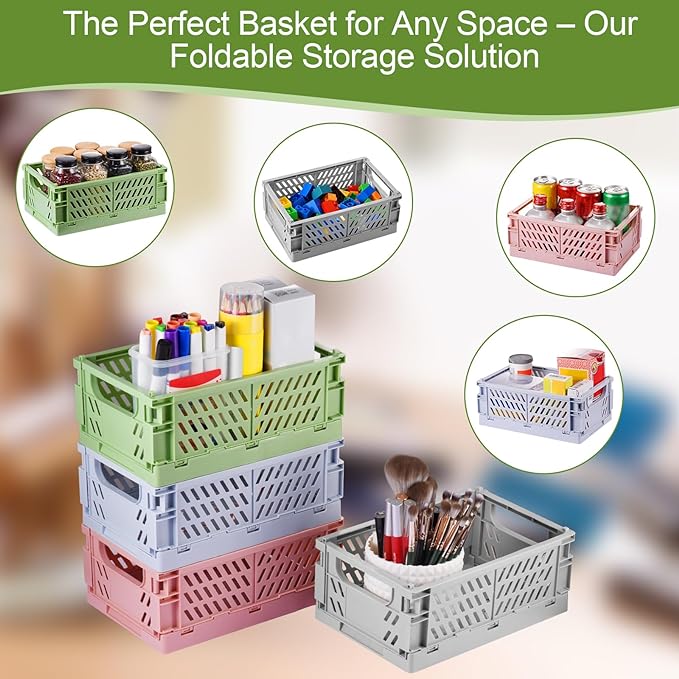 2-Pack Small Pastel Plastic Storage Baskets, Collapsible Crates for Organizing, Space-Saving Mini Bins for Classroom, Kitchen, Office, Bedroom (Green, 9.8" x 6.5" x 3.8")