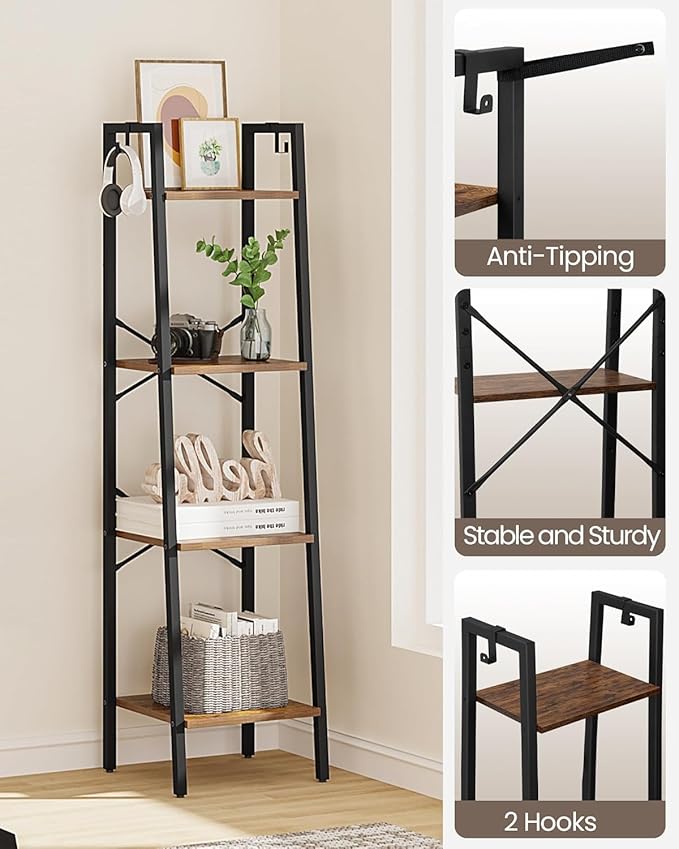 Ladder Shelf, Bookshelf Bookcase, Freestanding Corner Storage Shelve with 2 Hooks for Home Office, Living Room, Kitchen, Bedroom, Industrial, 11.8"D x 13.4"W x 47.2"H, Rustic Brown BC13201B