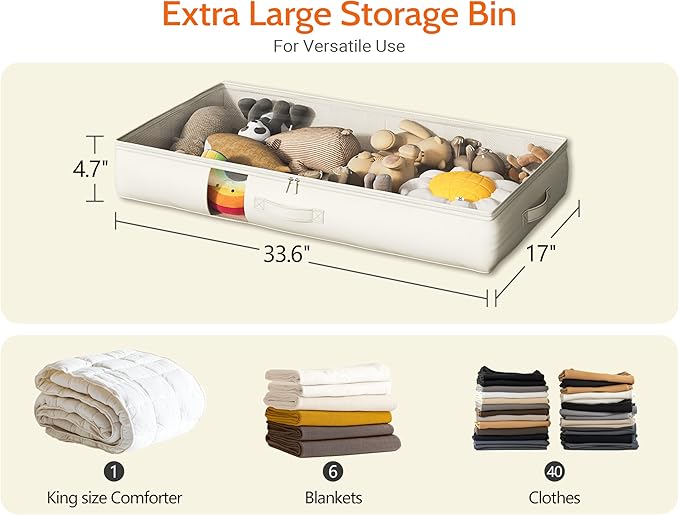 Under Bed Storage Containers with Window, Closet Organizers and Storage Bags, Foldable Underbed Storage Bags for Blankets, Clothing, Comforter, Linen Sheets, Wrapping Paper, 3 Pack, White Ivory