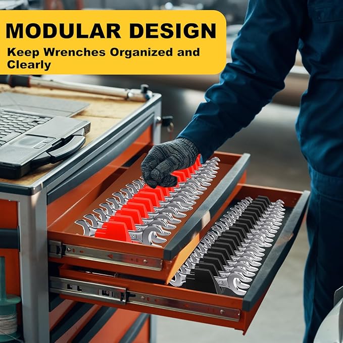 Chunful 100 Pcs Modular Wrench Organizer Holder Wrench Tool Organizers Storage Racks Set with Metric & SAE Label for Tool Box Drawer Storage for Father Brother Professional Mechanics Men (Black,Red)