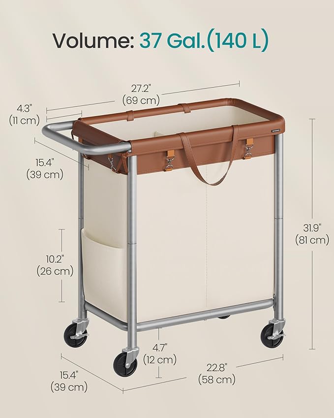 SONGMICS Laundry Basket with Wheels, 2-Section Rolling Laundry Hamper, 37 Gallons (140 L), Removable Liner, Steel Frame with Handle, 27.2 x 15.4 x 31.9 Inches, Coffee Brown and Cream White URLS004KQ02