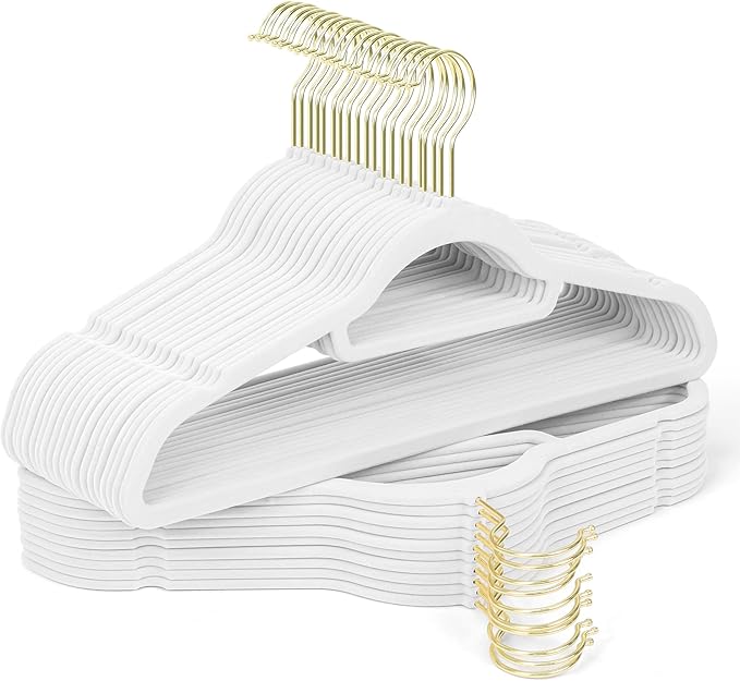 Velvet Hangers 30 Pack with Gold Hooks, Non-Slip Slim Felt Hanger for Clothes, Heavy Duty Space Saving Flocked Hangers for Dresses, Suits, Coats & Pants(White)