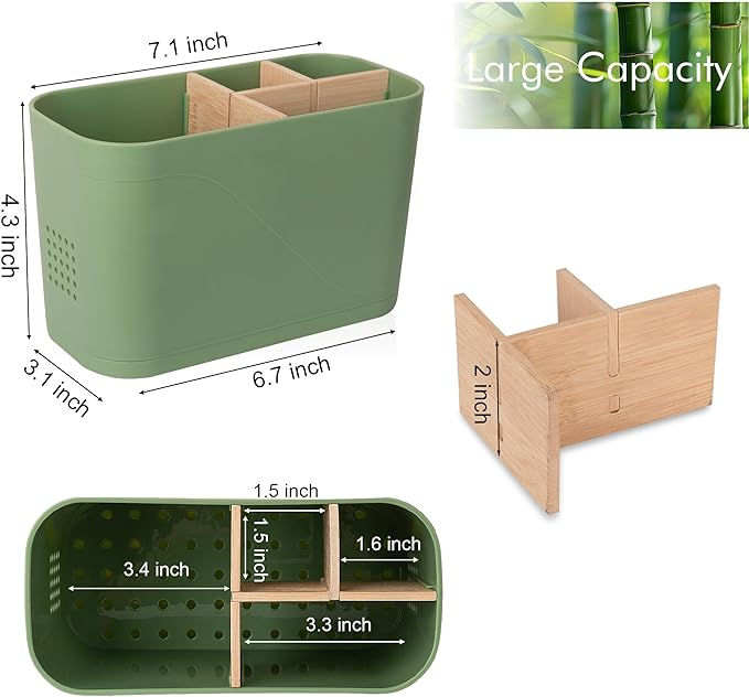 Toothbrush Holders for Bathrooms, Electric Tooth Brush Holder with Bamboo Dividers Kids Toothbrush and Toothpaste Organizer for Bathroom Countertop Accessories Storage, 4 Slots, Green