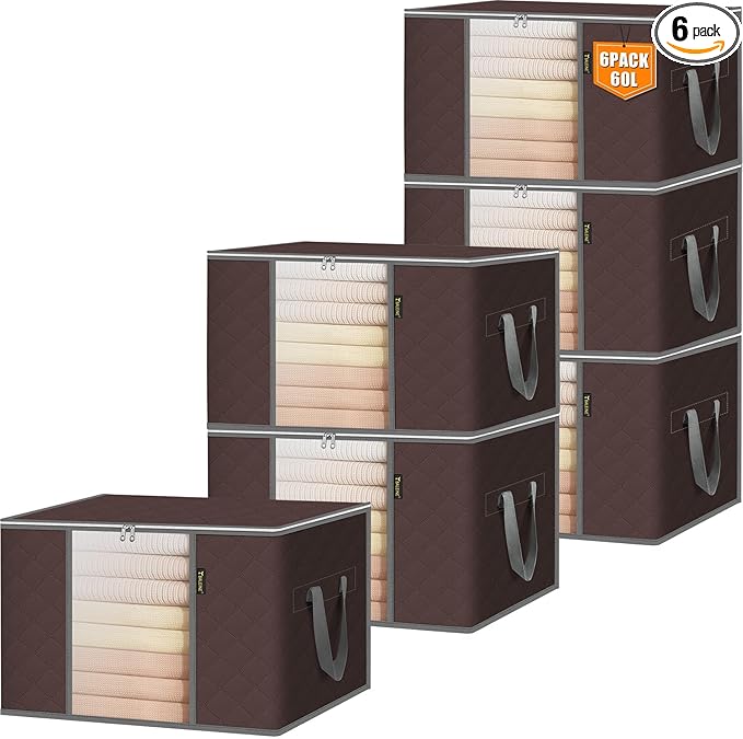 BALEINE 6 Pack Clothes Storage Bags, 16 Gallon Storage Containers with Reinforced Handle, Sturdy Zipper, Closet Organizer for Blanket, Comforter, Pillow, Bedding (Brown, 6 Pack)