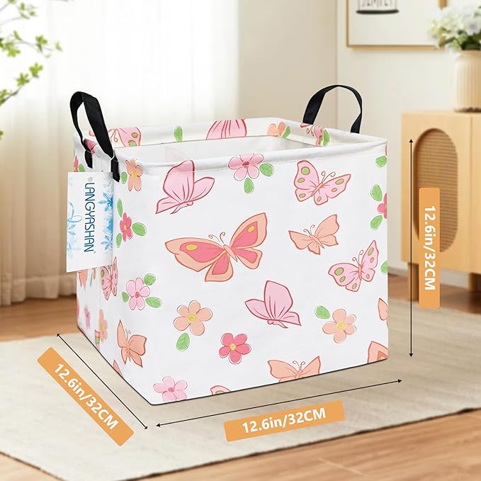 LANGYASHAN Square Storage Baskets Waterproof Canvas Children Laundry Nursery Hamper for Shelves Gift Baskets Toy Organizer Room Decor (Square Pink Butterfly)
