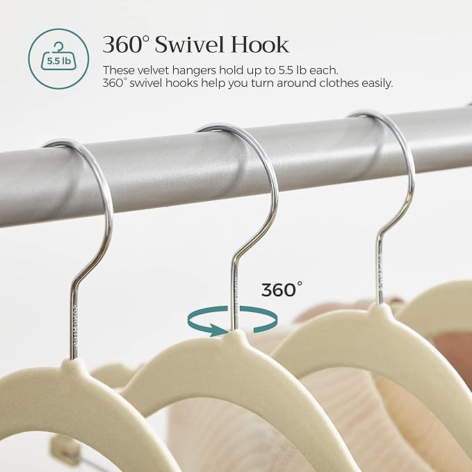 SONGMICS 30 Pack Pants Hangers, 16.7 Inches Long Velvet Trousers Hangers with Adjustable Clips, Heavy-Duty, Non-Slip, Space-Saving for Pants, Skirts, Coats, Dresses, Tank Tops, Sandy Beige UCRF012M30