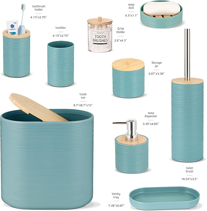 IMAVO Bathroom Accessory Set-11Pcs Blue Bathroom Accessories Set with Trash Can,Soap Dispenser,Soap Dish,Toothbrush Holder,Toothbrush Cup,Toilet Brush Holder,Qtip Holder Dispenser with Labels