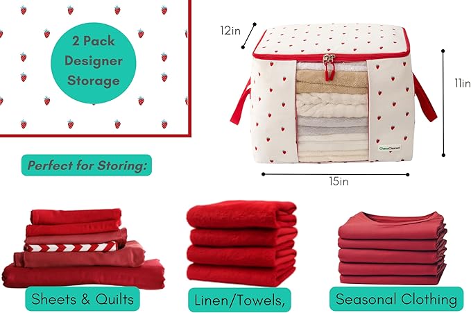 Chaos Cleared Canvas Storage Bags Designer Organizer 2 Pack – Seasonal Storage for Sweaters, Blankets, Linens & Garments – Foldable Design with Zip & Window, Moth-Proof Space Saver, Strawberry Print
