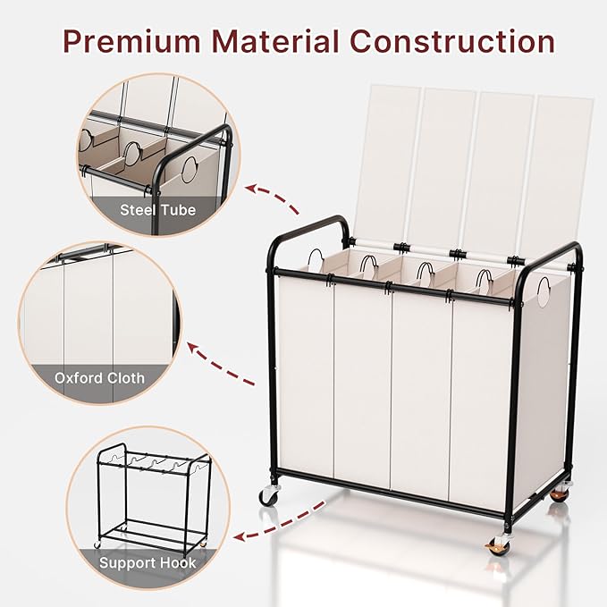 4-Compartment Laundry Cart with Lockable Wheels & Lid 180L Large Wheeled Laundry Basket Heavy-Duty Sorting Organizer for Laundry Room (White)