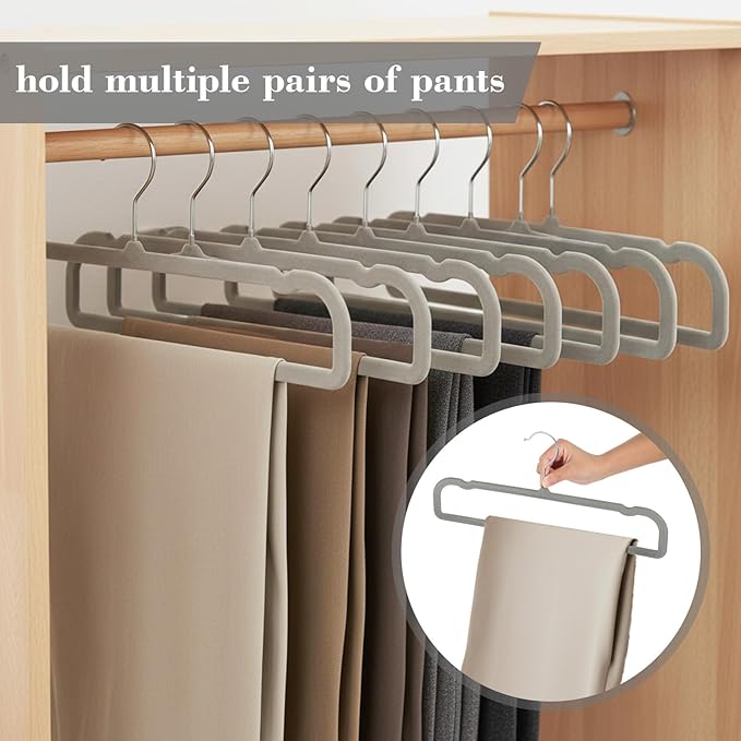 Velvet Pants Hangers Non Slip 20 Pack Plastic Velvet Pant Hangers, Rectangular Slim Velvets Hanger with 10 Hooks for Jean, Bra, Shorts (Grey)