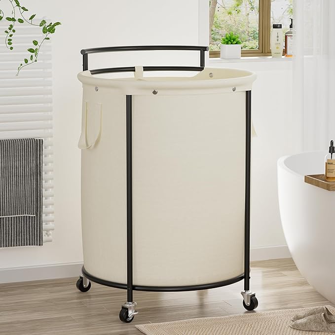 Chrislley 200L Laundry Basket with Wheels,2 section Rolling Laundry Hamper with Removable Bag,Round Laundry Cart with Steel Frame and Handle,Large Dirty Clothes Hamper for Laundry Room,Bedroom(Beige)