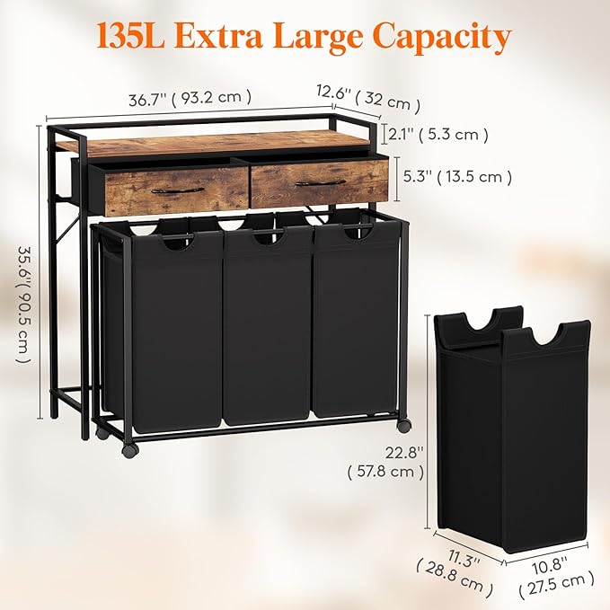 Lifewit Laundry Hamper 3 Section, Large Rolling Laundry Sorter with Shelf & 2 Drawers, Pull-Out Laundry Basket Organizer with Wheels and Removable Bag for Laundry Room Bathroom, Rustic Brown and Black