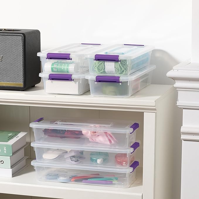 novelinks Clear Stackable Storage Bins with lid Storage Boxes Durable Plastic Organizer Containers for Home Office, Kitchen, Craft Supplies (4 Quart 8 Pack Purple)