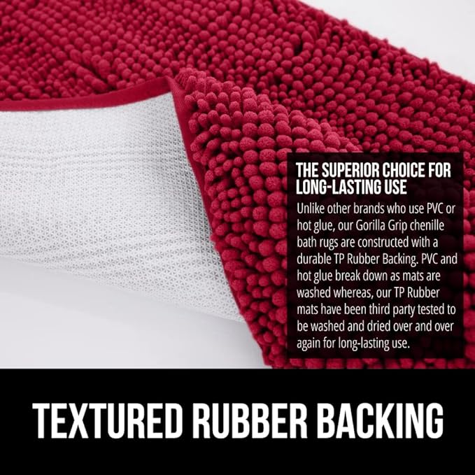 GORILLA GRIP Bath Rug Mat 30x20, Thick Soft Absorbent Chenille, Quick Dry Microfiber Mats, Rubber Backing Washable Shower Floor Rugs, US Designed Bathroom Bathmat Home Decor Accessories, Red