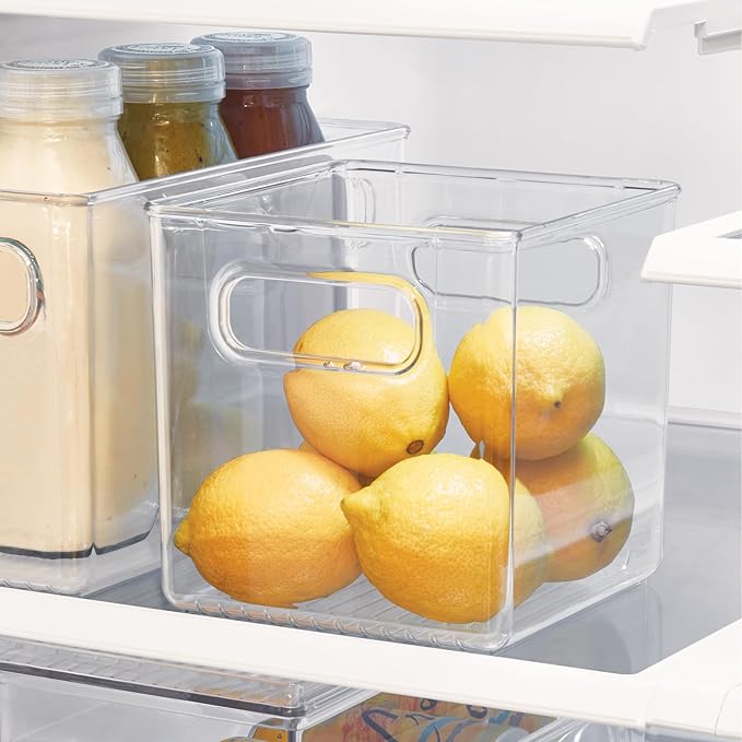 iDesign Pantry Storage Bins with Handles - Cube Organizer Bins for Cabinets or Fridge - Set of 2 - Clear