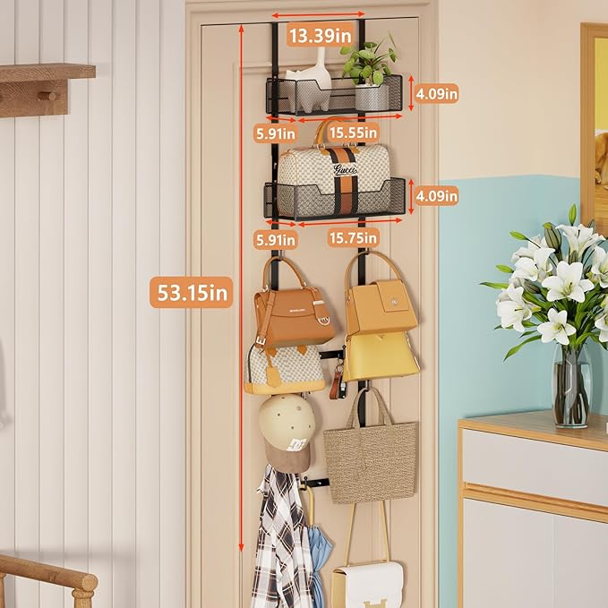 Over The Door Purse Organizer,Purse Storage Rack with 12 Hooks and 2 Adjustable Metal Basket,for Door,Hanging Handbag Storage Organizer Holds up to 12 Bags,for Closet,Black