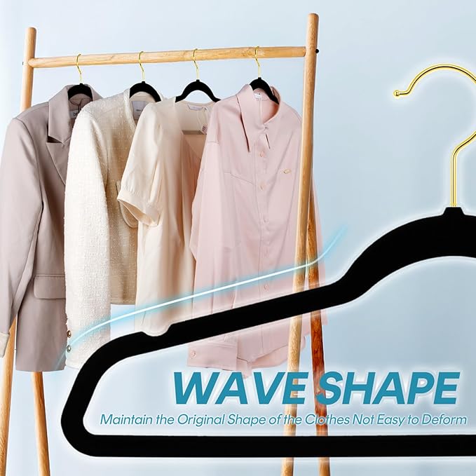 UNEED Black Velvet Hangers with Golden Hooks, 22 Pack - Ultra Thin Space Saving, Non-Slip Clothes Hangers for All Clothing, Dorm & Closet Organization (Heavy Duty, Anti-Scratch,360° Protection)