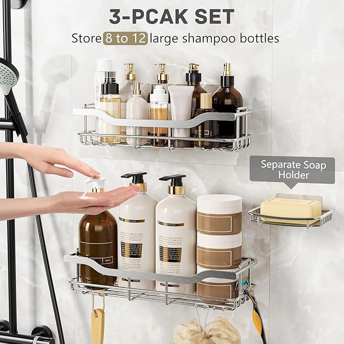 OMAIRA 3-Pack Shower Caddy with Soap Holder, Adhesive Rustproof No-drill Strudy Loading Inside Shower Organizer Shelves Rack Storage Bathroom Organization for Smooth Wall Glass Tile, Silver (X-Large)
