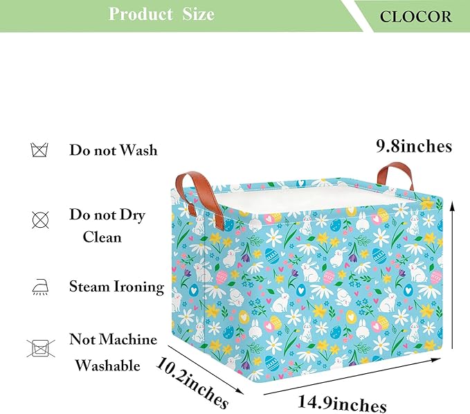 CLOCOR Rectangular Easter Gift Basket Empty,Waterproof Toy Bin with Handles,Books Basket,Room Decor(Rabbits Easter Basket)