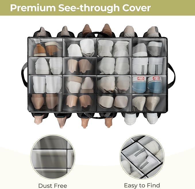 Shoe Organizer for Closet, Shoe Storage Solution with Clear Cover & Adjustable Dividers, Fabric Shoe Box Fits 16 +12 Pairs Shoes, Black, 2-Pack