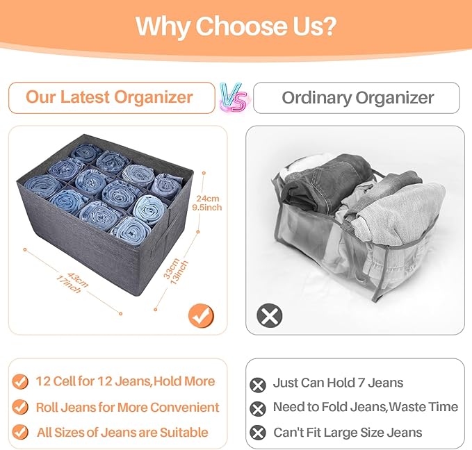 2Pcs Closet Organizers and Storage Bins for Clothes - 12 Cell Drawers Organizer Grid Storage Box for Jeans Pants Sweater Towel T-shirts, Wardrobe Shelf Dividers Closets Organization