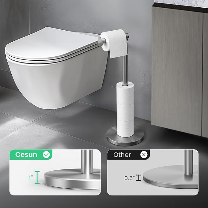 Cesun Toilet Paper Holder Stand Free Standing, Sliver Toilet Paper Storage with Heavy Weighted Base, Bathroom Stainless Steel Toilet Paper Roll Holder, Non-Slip, Sliver