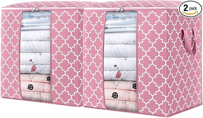 WISELIFE Storage Bags 2 Pack/100L Large Blanket Clothes Organization and Storage Containers for Comforters,Bedding, Foldable Organizer with Reinforced Handle, Clear Window, Sturdy Zippers,Pink