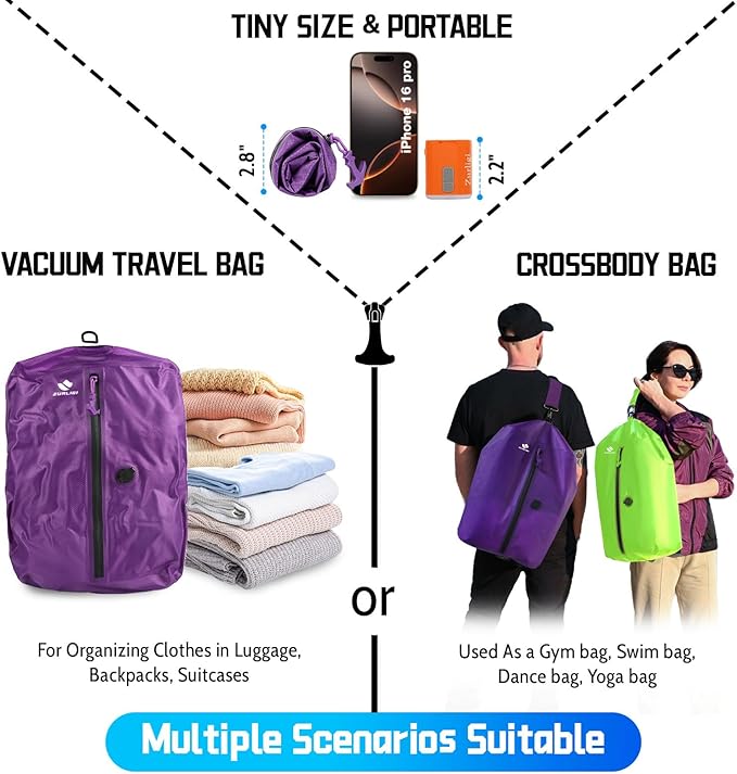 Zurligi Vacuum Bags with Pump for Travel – IPX8 Waterproof Reusable Carry-On Compression Bags for Clothes, Suitcase & Luggage(1-Pack, Purple)