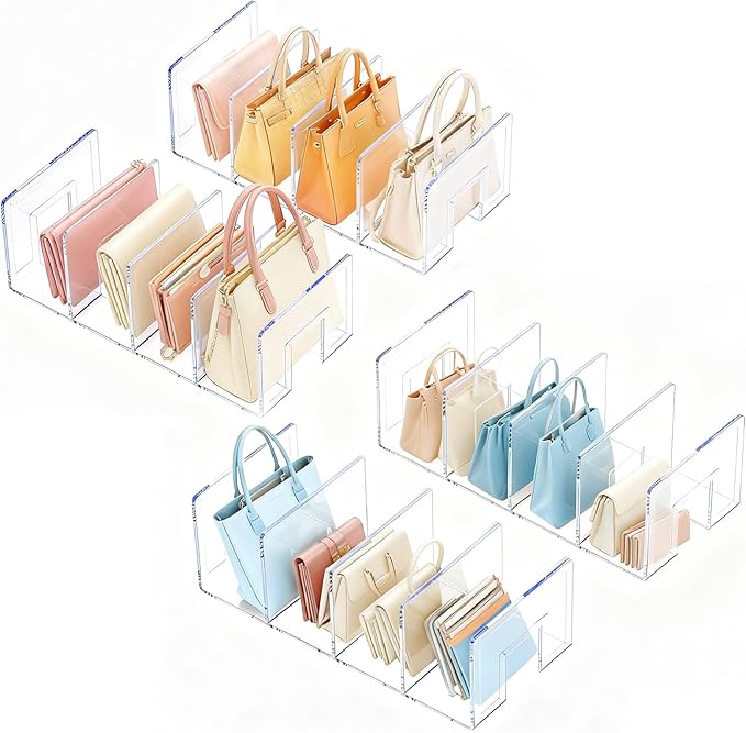 LUGUNU Clear Acrylic Purse Organizer - 4-Section Divider for Handbag Closet Storage - Durable Rack for Purses, Clutches More (Set of 4)