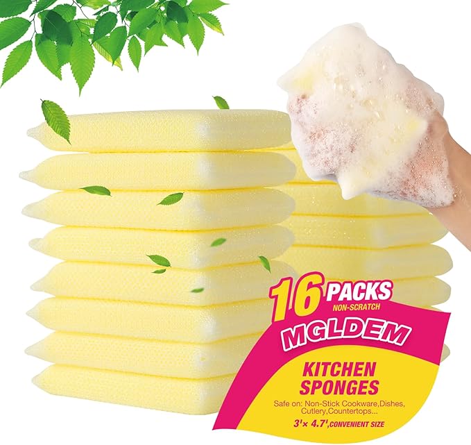 16 Pads Kitchen Sponges All-Purpose Non Scratch Dish Sponge，Multipurpose Used for Cleaning Kitchen Pans, Tableware, and Non Stick Cookware MGLDEM