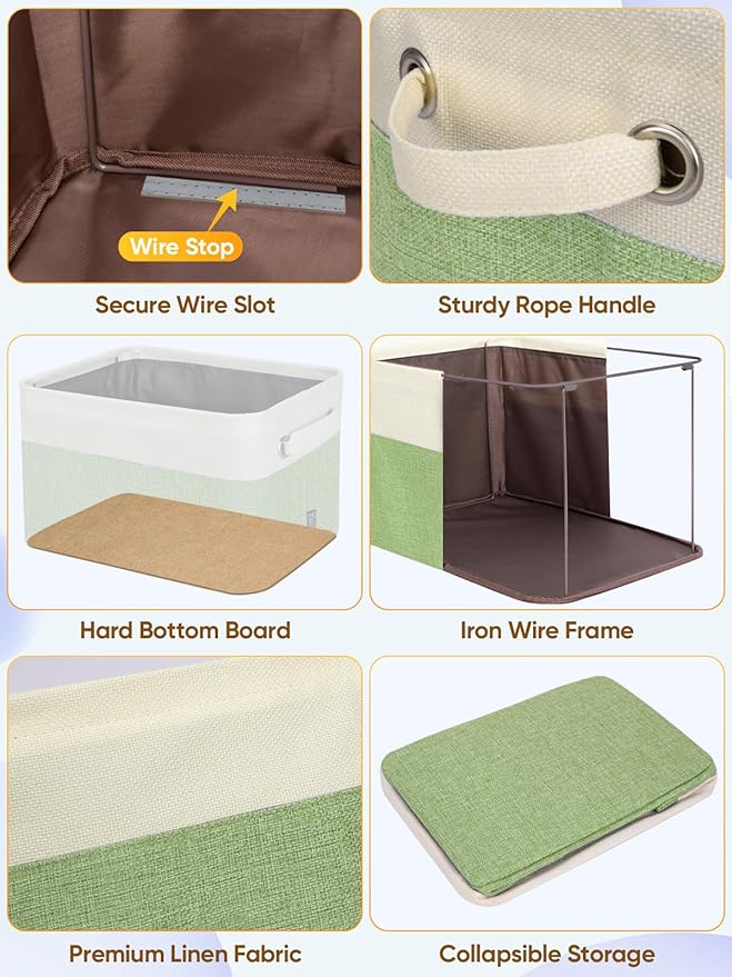 BALEINE 3 Pack Fabric Storage Bins for Shelves, Linen Storage Baskets for Organizing, Decorative Closet Bins for Clothes, Home (Green, 14''x10''x8.5'')