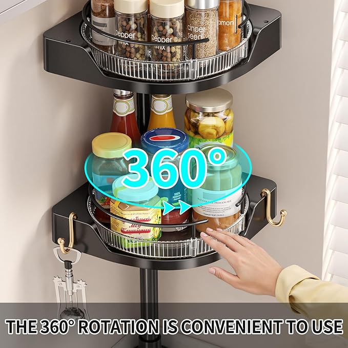 2-Tier Corner Spice Rack Organizer – 360° Rotatable, 19.68-43.5" Height Adjustable, 11LBS Load-Bearing with Hooks – Space-Saving for Kitchen Counter/Cabinet Gaps, Tame Seasoning Clutter (Black)