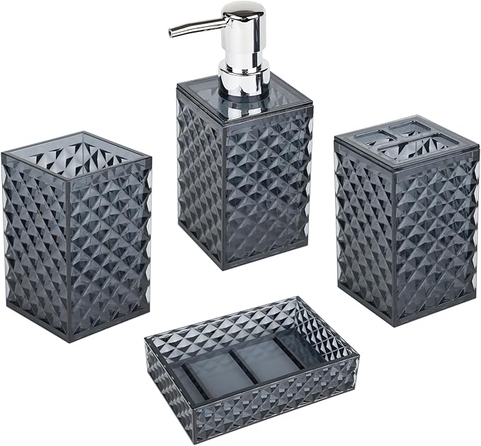 Bathroom Accessories Set, 4 PCS Grey Bathroom Accessory Sets Complete, Diamond Pattern Soap Dispenser and Toothbrush Holder Set,Boho Bathroom Decor, Dark Grey Bathroom Sets Accessories