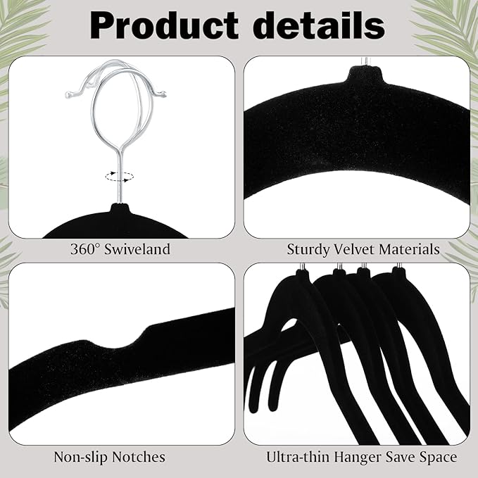 50 Pack Velvet Hangers Non-Slip Shirt Clothes Hangers 360° Swivel Hook Slim Flocked Coat Hanger Heavy Duty Space Saving Felt Hanger for Women Men Pants Jackets Dress(Black)