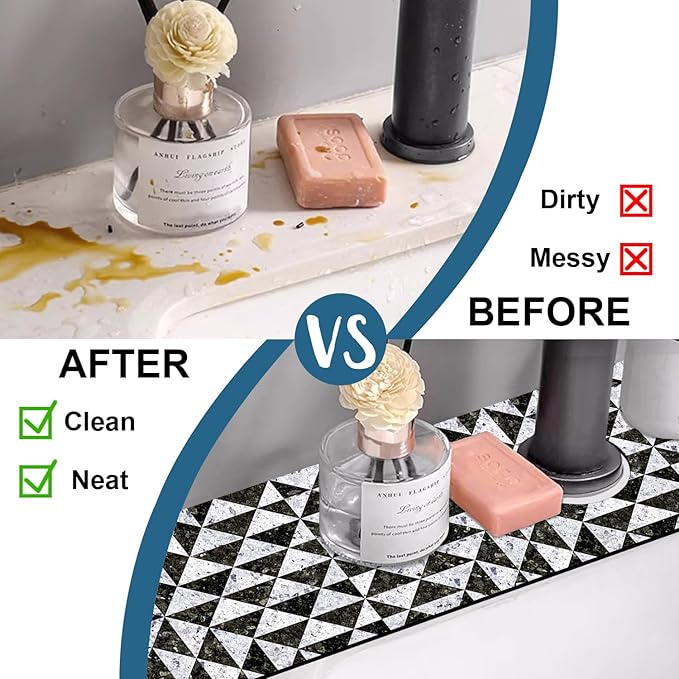 Granite Floor Tiles Sink Splash Guard Faucet Mat Mosaic Texture Super Absorbent Fast Drying Mat Sink Gadgets-Splash Guard Behind Faucet Drip Catcher for Kitchen Bathroom, 23.5"x5.5"