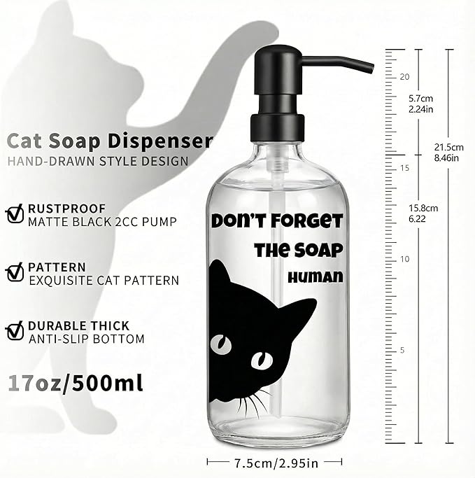 Black Cat Soap Dispenser 17 oz Clear Glass Hand Soap Bottle with 304 Stainless Steel Pump Bathroom Accessories Cute Cat Décor Cat Lover Gift