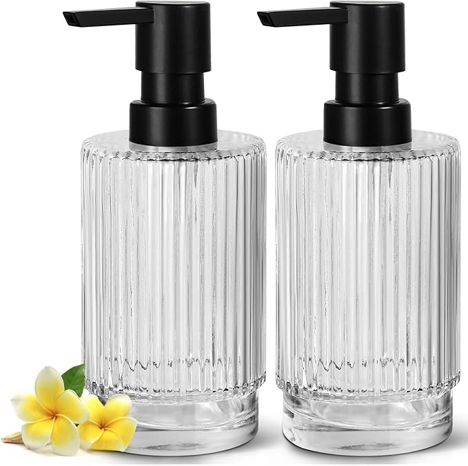Glass Soap Dispenser with Pump, 2 Pack 11 fl oz Clear Hand Soap Dispensers for Bathroom, Ribbed Style Dish Soap Dispenser for Kitchen, Modern Refillable Liquid Soap Pump Bottle