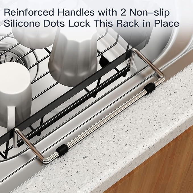 Small Expandable Over The Sink Dish Drainer Drying Rack In Stainless Steel Metal For Kitchen, Counter Space Saving Compact Above Plate Dryer Strainer, Adjustable Hanging Inside Sink Wire Drain Holder