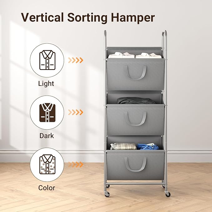 ELYKEN 120L Vertical Rolling Laundry Hamper with Removable Bags, 3 Section Laundry Baskets with Wheels, Space-Saving 3 Tier Laundry Sorter for Small Spaces, Dorm, Bedroom, Bathroom, Laundry Room