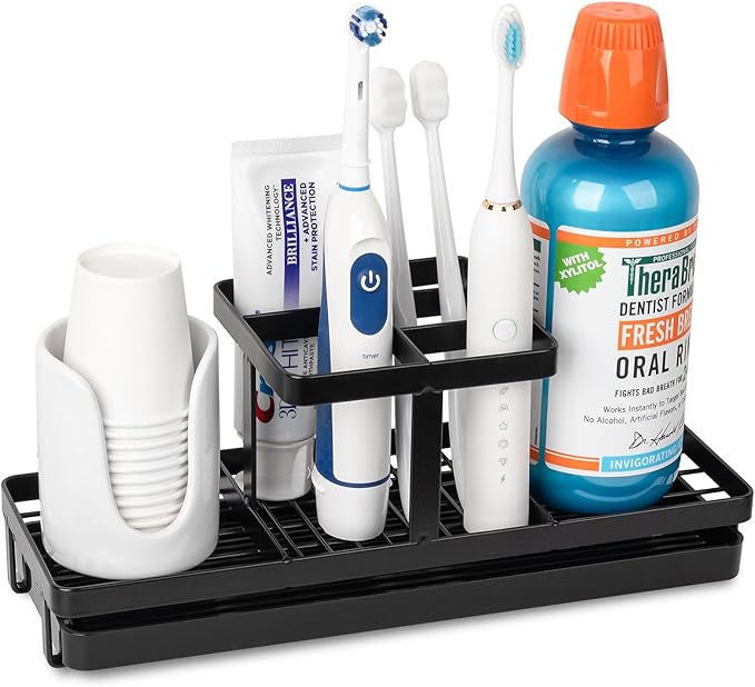 Toothbrush Holders for Bathrooms, Carbon Steel Tooth Brushing Holder Electric Toothbrush and Toothpaste Organizer Bathroom Accessories for Countertop, Shower, Sink, 5 Slots, Matte Black