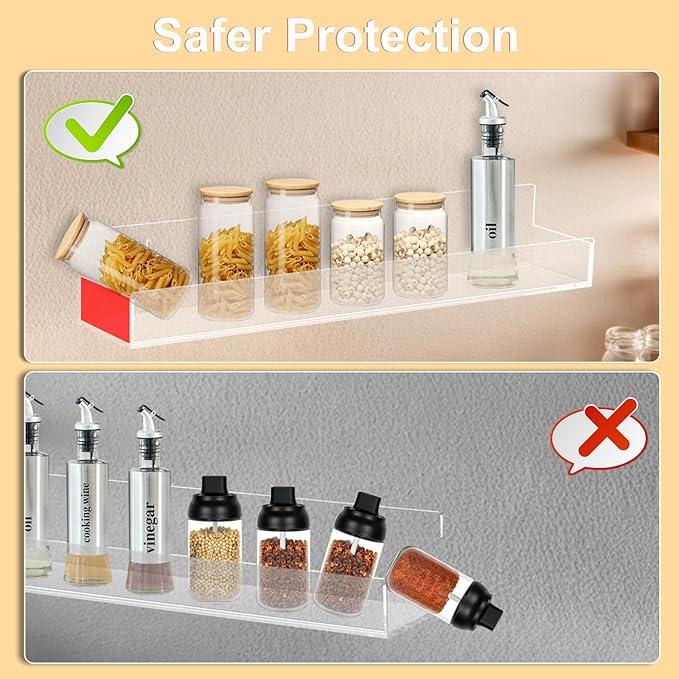 Acrylic Spice Rack Wall Mount 15 Inch Clear Floating Shelves Invisible Hanging Kids Bookshelf for Kitchen Office Bathroom (2 Pack)