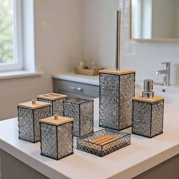Bathroom Accessory Set,7 Pcs Gray Bathroom Set Include Soap Dispenser, Qtip Holder Dispenser, Soap Dish,Toilet Brush,Toothbrush Holder & Mouthwash Cup.Boho Bathroom Set