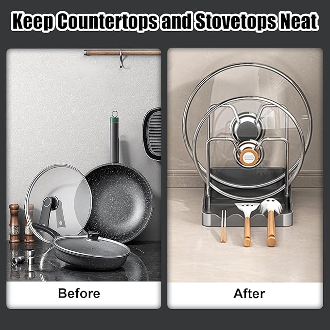 Kitchen Pot Lid Storage Rack, Pot and Pan Organizer with Removable Drip Tray, Two-Compartment Spatula Holder Pot Lid Holder for Counter Stove Top Kitchen