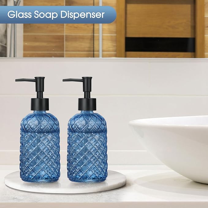 2 Pack Gem Glass Soap Dispenser with Black Plastic Pump, 13oz Liquid Hand Soap Dispenser, Rustproof Pump for Kitchen & Bathroom, Great for Lotions, Essential Oil, Liquid Soaps-Blue