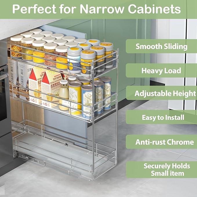 Pull Out Spice Rack Cabinet Organizer (6" W X 20½" D),3 Tier Slide Out Drawer for Narrow Cabinet, Pull Out Shelves Under Cabinet Storage for Kitchen