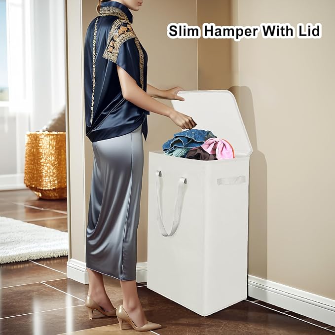 Odonata 75L Slim Laundry Hamper with Lid,Large Foldable Laundry Basket with Removable Bag and Handles Tall Collapsible Dirty Clothes Basket Great for Bedroom, Bathroom, Dorm, College,RV. (Beige, 75L)
